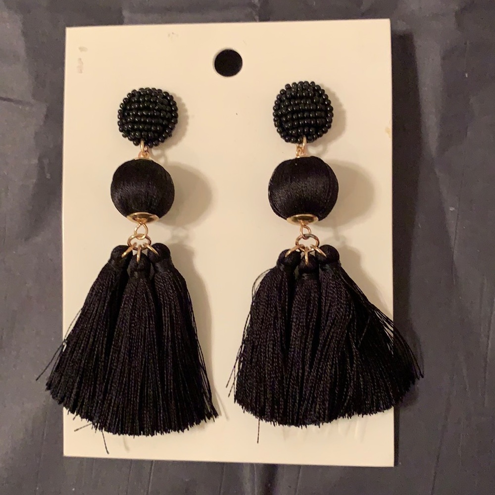 Festive black beaded triple tassel H&M earrings